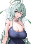  1girl absurdres abydos_high_school_swimsuit ahoge aqua_nails bandaid black_one-piece_swimsuit blue_archive blush breasts cleavage closed_mouth fingernails green_hair halo highres hose huge_ahoge huge_breasts lemontea_(ekvr5838) long_hair looking_at_viewer nail_polish one-piece_swimsuit school_swimsuit simple_background smile solo swimsuit tongue tongue_out water wet white_background yellow_eyes yellow_halo yume_(blue_archive) 