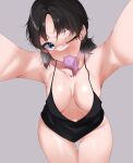  1girl absurdres armpits bangs black_camisole black_hair blue_eyes blush bottomless breasts camisole closed_mouth commentary commission condom condom_in_mouth condom_wrapper cowboy_shot foreshortening girls_und_panzer grey_background head_tilt highres kshimu leaning_forward looking_at_viewer low_twintails medium_breasts mouth_hold navel nina_(girls_und_panzer) one_eye_closed pov pussy_juice short_hair short_twintails simple_background skeb_commission smile solo standing steam sweat thigh_gap twintails 