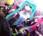  4girls band bangs belt blonde_hair blue_eyes blue_hair brown_hair collared_shirt detached_sleeves facing_away guitar hairband hatsune_miku holding holding_microphone instrument kagamine_rin light long_hair looking_at_viewer megurine_luka meiko_(vocaloid) microphone multiple_girls music necktie open_mouth piano pink_hair playing_instrument sailor_collar shirt short_hair skirt sleeveless sleeveless_shirt totsuii_kamiyama twintails very_long_hair vocaloid 