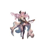  1girl absurdres asymmetrical_footwear asymmetrical_gloves belt black_footwear black_gloves blue_eyes breasts draph gloves granblue_fantasy granblue_fantasy:_relink hair_ornament hair_over_one_eye highres horns katana large_breasts long_hair minaba_hideo narmaya_(granblue_fantasy) official_art open_mouth pink_hair pointy_ears sleeveless solo standing sword tassel thigh_belt thigh_strap transparent_background weapon zettai_ryouiki 