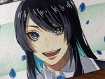  1girl ado_(utaite) black_hair blue_eyes blue_hair chando_(ado) cloud_nine_inc collared_shirt colored_inner_hair commentary_request falling_petals highres keeko_(kk_0012) long_hair mole mole_under_eye multicolored_hair open_mouth petals photo_(medium) portrait shirt sidelocks solo teeth traditional_media two-tone_hair upper_teeth_only utaite white_shirt 