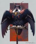  animal animal_focus artist_name bird border chest_harness clothed_animal commentary constricted_pupils feather_boa full_body grey_border harness highres horned_owl looking_at_viewer murayama_ryota no_humans original outside_border owl perching red_eyes signature solo talons tassel 