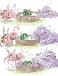  ^^^ ariados black_eyes commentary_request flying_sweatdrops food fruit grass heart highres jumping makita_(mugitya3776) muk musical_note no_humans notice_lines open_mouth pokemon pokemon_(creature) puff_of_air squiggle water watermelon 