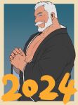  1boy 2024 absurdres artist_request bara beard black_kimono cowboy_shot facial_hair from_side full_beard highres japanese_clothes kimono large_pectorals looking_at_viewer male_focus mature_male mismatched_eyebrows muscular muscular_male new_year old old_man original own_hands_together pectorals short_hair smile solo standing thick_beard thick_eyebrows thick_mustache white_hair wrinkled_skin 
