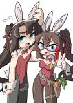  1boy 1girl absurdres ahoge animal_ears arm_around_shoulder arm_up armedrabbit black_pantyhose blue_eyes bow bowtie breasts brown_hair brown_pantyhose carrot cleavage commander_(girls&#039;_frontline) commission detached_collar fake_animal_ears fake_tail female_commander_(girls&#039;_frontline) flying_sweatdrops girls&#039;_frontline glasses griffin_&amp;_kryuger hair_between_eyes hands_up highres holster large_breasts leotard long_hair looking_at_viewer mole mole_under_eye non-web_source open_mouth otoko_no_ko pantyhose playboy_bunny ponytail rabbit_ears rabbit_tail red-framed_eyewear red_bow red_bowtie red_leotard red_ribbon ribbon scar second-party_source semi-rimless_eyewear sidelocks simple_background sweat tail thigh_holster thigh_strap v very_long_hair white_background wrist_cuffs 