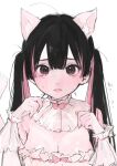  1girl animal_ear_fluff animal_ears armpit_crease black_hair blush bow breasts brown_eyes cat_ears cleavage closed_mouth collar dress embarrassed frilled_collar frilled_dress frilled_sleeves frills furrowed_brow hair_between_eyes highres iq033 large_breasts long_hair looking_at_viewer maid multicolored_hair original paw_pose pink_bow pink_hair shiny_skin simple_background solo sweatdrop tearing_up twintails upper_body white_background 