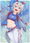  1girl animal_ears arms_up blue_eyes blue_sports_bra border ear_covers fang grey_hair hair_between_eyes hairband headband highres horse_ears horse_girl horse_tail iam_(tetsu0ekaki) jacket knees_up long_hair long_sleeves looking_at_viewer midair midriff navel open_clothes open_jacket open_mouth red_footwear red_hairband shirt smile solo sports_bra tail tamamo_cross_(umamusume) thunder two-tone_hairband umamusume white_border 