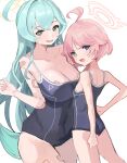  2girls absurdres abydos_high_school_swimsuit ahoge ass bad_anatomy bare_arms bare_legs bare_shoulders black_one-piece_swimsuit blue_archive blue_eyes blush breasts cleavage ggab0621 green_hair hair_between_eyes halo highres hoshino_(blue_archive) hoshino_(young)_(blue_archive) huge_ahoge large_breasts long_hair multiple_girls one-piece_swimsuit open_mouth pink_hair pink_halo school_swimsuit short_hair simple_background small_breasts swimsuit white_background yellow_eyes yellow_halo yume_(blue_archive) 