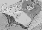  2023 akatadobuchiki anthro bear bed belly big_belly bodily_fluids bottomwear bound bulge canid canine canis clothed clothing domestic_dog duo erection erection_under_clothing furniture giant_panda hi_res kemono lying male mammal moobs nipple_fetish nipple_play nipple_suck nipples overweight overweight_male pants rope sucking sweat 