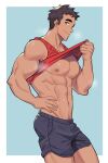  1boy abs absurdres bara bare_pectorals black_hair black_shorts blue_eyes closed_mouth clothes_lift highres large_pectorals male_focus milkiato muscular muscular_male navel nipples original pectorals red_tank_top short_hair shorts simple_background smile solo tank_top 