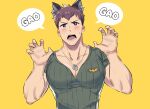  1boy absurdres animal_ears bara blush brown_hair green_shirt highres idolmaster idolmaster_side-m large_pectorals male_focus milkiato muscular muscular_male open_mouth paw_pose pectoral_cleavage pectorals purple_eyes shingen_seiji shirt short_hair simple_background solo upper_body wolf_boy wolf_ears yellow_background 