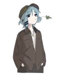  1girl absurdres alternate_costume blue_hair bocchi_the_rock! ear_piercing hands_in_pockets hat highres looking_at_viewer machuuu68 medium_hair military_hat military_uniform mole mole_under_eye piercing uniform yamada_ryo 