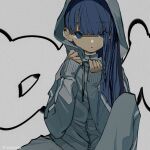  1girl blue_eyes blue_hair blunt_bangs commentary_request cowboy_shot grey_background grey_jacket grey_pants hands_on_own_chest hands_up highres hood hood_up hooded_jacket indie_virtual_youtuber jacket kikiyu knee_up long_hair long_sleeves looking_at_viewer official_alternate_costume official_art pants sitting solo somunia track_jacket track_suit virtual_youtuber 