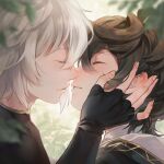  2boys bishounen blush brown_hair close-up closed_eyes ear_blush endend_(shinia) eyelashes fingerless_gloves from_side gloves granblue_fantasy hair_between_eyes hand_on_another&#039;s_cheek hand_on_another&#039;s_face highres hood hood_down imminent_kiss light_smile lucifer_(shingeki_no_bahamut) male_focus messy_hair multiple_boys parted_lips profile sandalphon_(granblue_fantasy) white_hair yaoi 