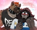  2boys animal_ears bara black_collar black_tank_top blush claws collar ear_piercing english_text fangs fangs_out fanning_self flying_sweatdrops furry furry_male glasses hand_on_another&#039;s_shoulder hand_on_own_hip holding holding_phone hyena_boy hyena_ears kobu_(wtdl) lion_boy lion_ears lion_mane looking_at_another looking_to_the_side male_focus multiple_boys muscular muscular_male pectorals phone piercing rujiru_draugen shirt sleeveless sleeveless_shirt smile spanish_text spiked_collar spikes tank_top toast_(wtdl) upper_body wavy_mouth where_the_demon_lurks white_shirt 