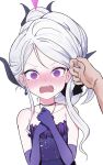  1girl 1other absurdres bigmt_kid black_horns blue_archive blush demon_horns halo highres hina_(blue_archive) hina_(dress)_(blue_archive) horns long_hair looking_at_viewer multiple_horns open_mouth purple_eyes simple_background solo_focus white_background white_hair 