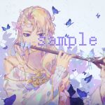  1girl asymmetrical_bangs bare_shoulders blonde_hair blue_butterfly bug butterfly collarbone dress eyelashes flower flute hair_flower hair_ornament hair_over_shoulder holding holding_instrument instrument layered_sleeves leaf leaf_background lips long_hair long_sleeves looking_at_viewer music original parted_lips playing_instrument purple_eyes red_lips sample_watermark sleeves_past_fingers sleeves_past_wrists solo teeth upper_body watermark wavy_hair white_background white_dress white_flower white_sleeves yanmian_(printemps-noir) 