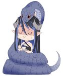  1girl 774_inc. :&gt; akitetsu bangs belt black_bandeau black_belt black_hair blue_belt blue_hair chest_belt chibi closed_eyes closed_mouth cup curled_horns demon_girl demon_horns full_body grey_horns hair_between_eyes hebiyoi_tier horns long_hair multicolored_hair pointy_ears shaded_face sidelocks simple_background snake snake_bite sugar_lyric sweatdrop teacup transparent_background two-tone_hair u_u virtual_youtuber 