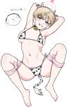  1boy 1girl alternate_costume animal_ears animal_print armpits arms_up bikini blonde_hair blue_archive breasts cow_ears cow_horns cow_print cow_print_bikini cow_tail doodle_sensei_(blue_archive) fake_animal_ears fake_horns fake_tail halo highres horns lying marina_(blue_archive) medium_breasts navel on_back osame presenting_armpit print_bikini sensei_(blue_archive) short_hair sideboob simple_background smile stomach sweat swimsuit tail teeth underboob white_background white_bikini yellow_eyes 