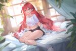  1girl bed black_shorts curtains hair_between_eyes hair_ornament hairclip highres indie_virtual_youtuber indoors leaf long_hair midriff naiichie navel open_mouth piffle pillow plant pointy_ears print_shirt red_hair shirt short_sleeves shorts smile solo very_long_hair window 