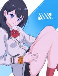  1girl absurdres artist_name black_hair black_skirt blue_background blue_eyes cardigan dated gridman_universe hand_on_own_thigh highres knees_up looking_at_viewer miniskirt necktie open_mouth orange_scrunchie pleated_skirt red_necktie red_socks scrunchie skirt socks solo ssss.gridman takarada_rikka thick_thighs thighs tsunemoku white_background white_cardigan wrist_scrunchie 