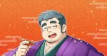  1boy bara beard black_hair blush chest_hair chinese_zodiac choko_(cup) closed_eyes crave_saga cup dragon facial_hair glasses green_kimono grey_hair grin hakama hakama_pants haori holding holding_cup japanese_clothes jeron_(crave_saga) kimono long_sideburns looking_at_viewer male_focus muscular muscular_male new_year official_alternate_costume open_mouth paid_reward_available pants pectoral_cleavage pectorals plump round_eyewear short_hair sideburns sideburns_stubble smile solo sparse_chest_hair stubble suv_(suv032) textless_version thick_beard thick_eyebrows translation_request 