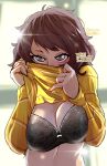  1girl artist_name black_bra blush bra breasts brown_eyes brown_hair clothes_lift covering_own_mouth floral_print haysey highres kawakami_sadayo large_breasts lifted_by_self light looking_at_viewer persona persona_5 shirt shirt_lift short_hair shy solo striped_clothes striped_shirt sweater underwear yellow_sweater 