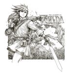  1boy belt copyright_name dave_rapoza fingerless_gloves gloves greyscale hat hatching_(texture) highres holding holding_sword holding_weapon instrument jar link male_focus master_sword monochrome pointy_ears shield shield_on_back signature smile solo sword the_legend_of_zelda tunic weapon 