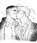  2boys bara blush couple david_king_(dead_by_daylight) dead_by_daylight felix_richter greyscale hair_slicked_back highres jewelry kiss male_focus monochrome multiple_boys necklace pectoral_cleavage pectorals short_hair suit sweatdrop undercut upper_body wasted_m9 yaoi 
