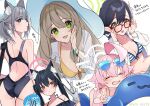  5girls =_= adjusting_eyewear ahoge akym animal_ear_fluff animal_ears ass ayane_(blue_archive) ayane_(swimsuit)_(blue_archive) bare_shoulders bikini black_bikini black_hair blue_archive blue_bikini blue_eyes blush bracelet braid breasts brown_hair butt_crack cat_ears cleavage closed_mouth competition_swimsuit criss-cross_halter crown_braid eyewear_on_head fang glasses gloves green_eyes grey_hair groin halo halterneck hand_fan hat highres holding holding_fan holding_tongs hoshino_(blue_archive) hoshino_(swimsuit)_(blue_archive) inflatable_toy jewelry large_breasts long_hair multiple_girls multiple_views navel nonomi_(blue_archive) nonomi_(swimsuit)_(blue_archive) one-piece_swimsuit open_mouth pink_hair pointy_ears ponytail red_eyes serika_(blue_archive) serika_(swimsuit)_(blue_archive) shiroko_(blue_archive) shiroko_(swimsuit)_(blue_archive) smile sun_hat sunglasses swimsuit tongs translation_request twintails twitter_username v white_bikini white_gloves yellow_bikini yellow_eyes 