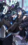  1boy black_choker black_footwear black_hoodie black_pants black_shirt blue_eyes blue_hair boots byte_(yugo_asuma) chair cherry choker copyright_name cup earrings feet_on_table food fruit headphones headphones_around_neck highres holding holding_cup hood hoodie jacket jewelry male_focus microphone neon_lights nijisanji official_art on_chair open_clothes open_hoodie pants shirt short_hair single_earring sitting sleeveless sleeveless_shirt solo speaker sprinkles studio_microphone takerunamito tongue turntable v-shaped_eyebrows virtual_youtuber yugo_asuma 