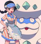  1girl :d apron black_hair blue_headwear brown_eyes candice_(palentine&#039;s_2024)_(pokemon) candice_(pokemon) commentary_request dress eyelashes galarian_darmanitan grey_background hands_on_own_hips highres long_hair multi-tied_hair official_alternate_costume open_mouth pokemon pokemon_(creature) pokemon_masters_ex short_sleeves smile twintails tyako_089 visor_cap waist_apron white_apron 