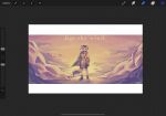 anthro art_program_in_frame backwards_hat biped canid canine canis clothing english_text footwear fur hat headgear headwear hi_res itooku itooku_(character) jacket looking_at_viewer male mammal shirt shoes sky solo standing sunset text topwear white_body white_fur wolf