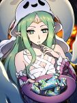 1girl absurdres bare_shoulders breasts candy cleavage finger_to_own_chin fire_emblem fire_emblem_heroes food ghost_costume green_eyes green_hair halloween halloween_costume hat highres holding holding_candy holding_food jack-o&#039;-lantern long_hair looking_at_viewer naga_(fire_emblem) naga_(halloween)_(fire_emblem) phiphi-au-thon pointy_ears product_placement purple_headwear top_hat 