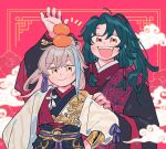  2boys archer_(fate/samurai_remnant) arm_guards black_hanfu blue_hair chinese_clothes chinese_hairpin chinese_knot fate/samurai_remnant fate_(series) food fruit green_hair grey_hair hair_ornament hand_on_another&#039;s_shoulder hanfu high_ponytail layered_clothes long_hair low-tied_sidelocks multicolored_hair multiple_boys oneroom-disco open_mouth orange_(fruit) orange_eyes parted_bangs red_background red_hanfu red_robe robe sash smile streaked_hair tassel tassel_hair_ornament xiao_guan_(headdress) yellow_eyes zheng_chenggong_(fate) 