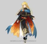  1boy androgynous arm_at_side belt_buckle black_capelet black_footwear black_robe blonde_hair blue_bridal_gauntlets blue_cape blue_eyes boots bridal_gauntlets buckle cape capelet clenched_hand closed_mouth copyright_notice feather_trim fire_emblem fire_emblem_heroes full_body grey_background light_blush long_hair long_sleeves looking_at_viewer lucius_(fire_emblem) male_focus official_art open_hand orange_cape red_sash robe sash simple_background smile solo standing swept_bangs tobi_(kotetsu) two-sided_cape two-sided_fabric white_robe 