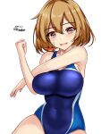  1girl ahoge bandaid bandaid_on_face blue_one-piece_swimsuit blush breasts brown_eyes brown_hair competition_swimsuit covered_navel cowboy_shot crab dated exercise highres kantai_collection large_breasts looking_at_viewer montemasa oboro_(kancolle) one-piece_swimsuit open_mouth short_hair simple_background smile stretching swimsuit twitter_username two-tone_swimsuit white_background 