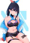  1girl absurdres bare_shoulders black_hair blue_eyes blue_jacket blue_ribbon blue_sleeves breasts cleavage closed_mouth collarbone commentary_request gridman_universe hair_ribbon highres jacket kamidan long_sleeves looking_at_viewer medium_breasts midriff navel open_clothes open_jacket ponytail purple_shorts red_ribbon ribbon shorts solo ssss.gridman takarada_rikka thigh_strap thighs two-tone_ribbon 
