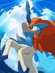  black_eyes bright_pupils closed_mouth cloud commentary day frown highres keldeo kou11021301 no_humans outdoors pokemon pokemon_(creature) sky solo symbol-only_commentary water white_pupils 