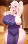 2024 absurd_res anthro big_breasts blush boss_monster bovid breasts caprine clothed clothing female fingers fur hand_behind_head hi_res horn huge_breasts kakuteki11029 long_ears looking_at_viewer mammal mature_anthro mature_female open_mouth red_eyes solo thick_thighs toriel undertale undertale_(series) white_body white_fur