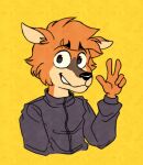 anthro boone_(finally_faded) clothing deer digital_media_(artwork) finally_faded gesture hand_on_arm happy hi_res jacket looking_at_viewer male mammal peace_symbol simple_background solo teeth teeth_showing topwear unnamedpixel v_sign yellow_background
