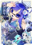  2022 4girls absurdres animal_costume animal_ears animal_print aqua_eyes aqua_hair arms_up asymmetrical_bangs bangs bazumi blue_eyes blue_hair blue_kimono blunt_bangs chibi commentary fake_animal_ears fake_tail fang flower furisode hair_flower hair_ornament happy_new_year highres inkling inkling_girl japanese_clothes kimono long_hair long_sleeves looking_at_viewer looking_back medium_hair minigirl multiple_girls new_year obi octoling octoling_girl open_mouth pointy_ears print_kimono sash skin_fang smile splatoon_(series) standing suction_cups tail tentacle_hair tiger_costume tiger_ears tiger_print tiger_tail translated wide_sleeves 
