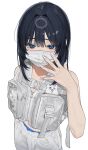  1girl absurdres black_hair blue_eyes clothing_request commentary_request highres long_hair looking_at_viewer mashiro_kta mask medium_hair mouth_mask original pants sidelocks solo standing underwear white_background white_nails white_pants 