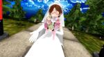  1girl 3d bouquet bridal_veil brown_hair cherry_blossoms closed_eyes dress glasses gloves happy highres isabell-chan looking_at_viewer mikumikudance_(medium) open_mouth smile solo touhou usami_sumireko veil wedding_dress 