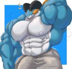 abs absurd_res anthro big_arms big_muscles big_pecs black_eyes blue_background blue_body blue_skin blush border bottomwear bulge clothed clothing ellipsis fin front_view generation_3_pokemon genital_outline hand_behind_head hi_res huge_muscles hyper hyper_muscles looking_down male muscular muscular_arms muscular_male navel nintendo nipples orange_sclera pants pecs penis_outline pokemon pokemon_(species) raised_arm robinmg_45 simple_background solo standing swampert sweatpants topless vein wet white_background white_body white_border white_nipples white_skin