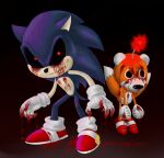 ambiguous_gender antennae_(anatomy) anthro blood blue_body blue_fur bodily_fluids canid canine clothing creepypasta demonic doll duo eulipotyphlan evil_grin footwear fox fur gloves handwear hedgehog hi_res horror_(theme) male mammal multi_tail nightmare_fuel red_eyes sega shoes smile sonic.exe sonic.exe_(creepypasta) sonic_the_hedgehog_(series) stitch_(sewing) tail tails_doll terryred