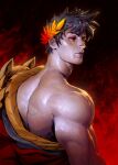  1boy black_hair black_sclera colored_sclera dave_rapoza deltoids from_behind hades_(series) hades_1 highres laurel_crown looking_back male_focus muscular muscular_male red_eyes solo triceps upper_body zagreus_(hades) 