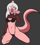 5_fingers anthro blush bone_frill bra breasts cleavage clothed clothing colored dinosaur eyewear female fingers frill_(anatomy) front_facing glasses hadrosaurid hair head_crest head_frill hi_res kneeling long_hair long_tail narrowed_eyes navel ornithischian panties parasaurolophus pink_body pink_scales raised_clothing raised_shirt raised_topwear red_eyes reptile scales scalie shirt silver_hair simple_background snoot_game snout solo sweater tail theresa_(snoot_game) thigh_gap topwear underwear unknown_artist