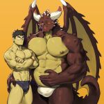 abs anthro art_uza big_muscles big_pecs black_hair blush brown_body bulge capcom clothed clothing dragon duo elder_dragon hair holding_partner horn human human_on_anthro interspecies larger_anthro larger_male male male/male mammal monster_hunter mostly_nude multicolored_body muscular muscular_anthro muscular_human muscular_male navel nergigante nipples open_mouth pecs scalie size_difference smaller_human smaller_male spikes spikes_(anatomy) underwear underwear_only yellow_body