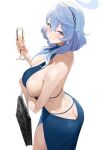  1girl ai-assisted ako_(blue_archive) ako_(dress)_(blue_archive) ass back backless_dress backless_outfit bare_shoulders blue_archive blue_dress blue_eyes blue_hair blue_halo blurry blush breasts butt_crack commentary cup depth_of_field dress drinking_glass from_behind halo highres large_breasts looking_at_viewer looking_back medium_hair official_alternate_costume parted_lips preview_(preview0) sideboob simple_background smile solo symbol-only_commentary teeth white_background 